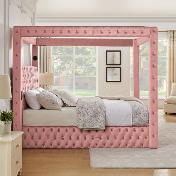 English Elm Canopy Queen Bed Tufted Velvet Four Poster Frame with Bluetooth and USB Charging Ports Pink W1191S00172