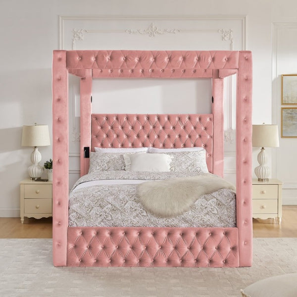 English Elm Canopy Queen Bed Tufted Velvet Four Poster Frame with Bluetooth and USB Charging Ports Pink W1191S00172