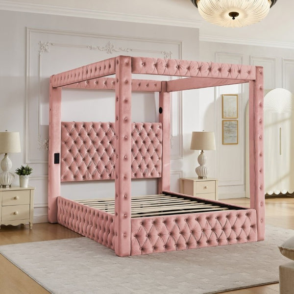 English Elm Canopy Queen Bed Tufted Velvet Four Poster Frame with Bluetooth and USB Charging Ports Pink W1191S00172