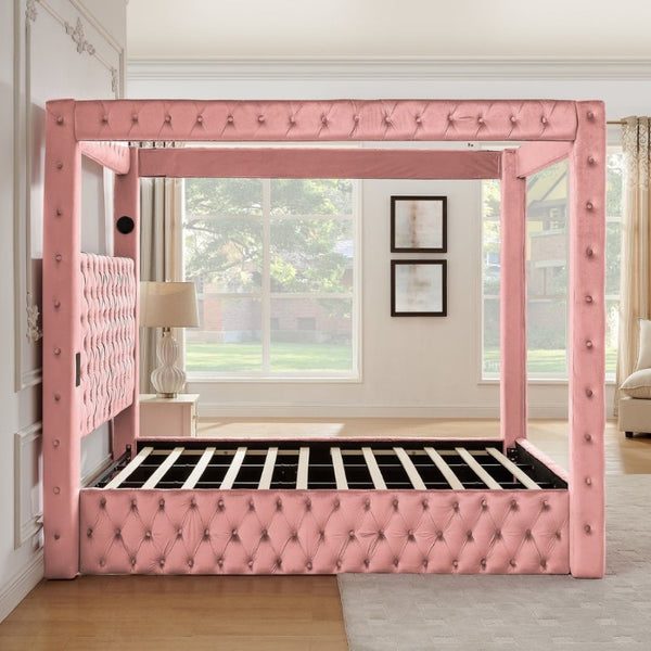 English Elm Canopy Queen Bed Tufted Velvet Four Poster Frame with Bluetooth and USB Charging Ports Pink W1191S00172