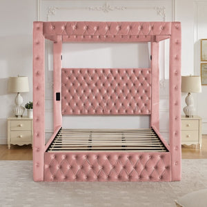 English Elm Canopy Queen Bed Tufted Velvet Four Poster Frame with Bluetooth and USB Charging Ports Pink W1191S00172