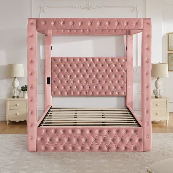 English Elm Canopy Queen Bed Tufted Velvet Four Poster Frame with Bluetooth and USB Charging Ports Pink W1191S00172