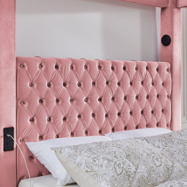 English Elm Canopy Queen Bed Tufted Velvet Four Poster Frame with Bluetooth and USB Charging Ports Pink W1191S00172
