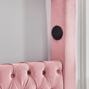 English Elm Canopy Queen Bed Tufted Velvet Four Poster Frame with Bluetooth and USB Charging Ports Pink W1191S00172