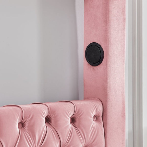 English Elm Canopy Queen Bed Tufted Velvet Four Poster Frame with Bluetooth and USB Charging Ports Pink W1191S00172