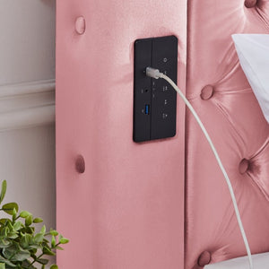 English Elm Canopy Queen Bed Tufted Velvet Four Poster Frame with Bluetooth and USB Charging Ports Pink W1191S00172
