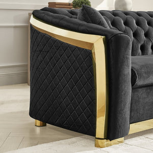 English Elm 2 Piece Velvet Chesterfield Sofa with Gold Steel Trim Button Tufted Mid Century Style Black 84 inches W1191S00174