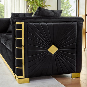 English Elm 2 Piece Velvet Chesterfield Sofa with Gold Steel Trim Button Tufted Mid Century Style Black 40.2 inches W1191S00175