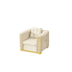 English Elm 2 Piece Velvet Chesterfield Sofa with Gold Steel Trim Button Tufted Mid Century Style Beige 40.2 inches W1191S00176