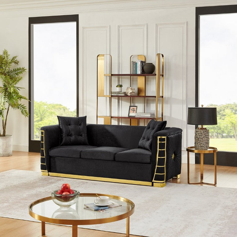 English Elm 60.6 Inch Italian Velvet Sleeper Loveseat with Gold Accents and Two Matching Throw Pillows 82.3 inches Black W1191S00184