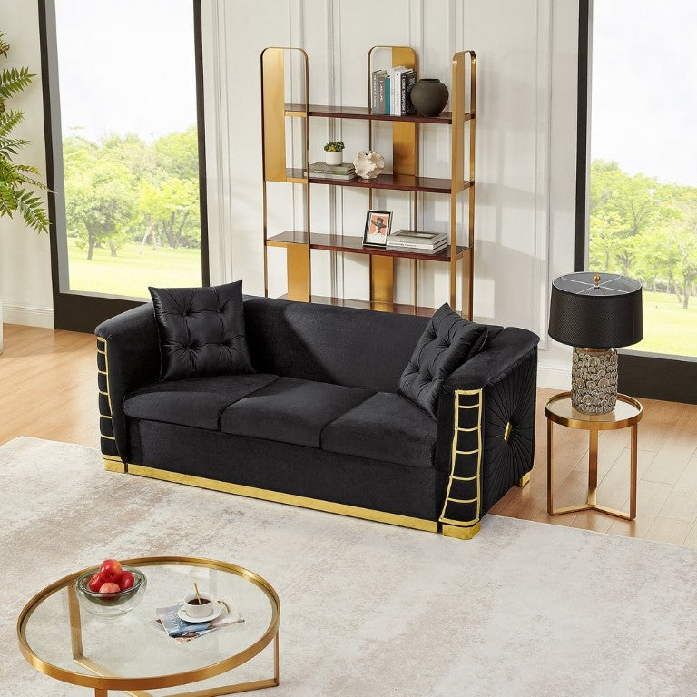 English Elm 60.6 Inch Italian Velvet Sleeper Loveseat with Gold Accents and Two Matching Throw Pillows 82.3 inches Black W1191S00184