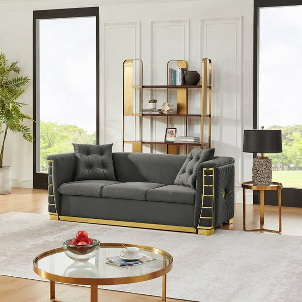 English Elm 82.3 Inch Italian Velvet Three Seat Sofa with Gold Metal Legs and Two Throw Pillows Single Sofa Gray W1191S00186