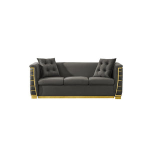 English Elm 82.3 Inch Italian Velvet Three Seat Sofa with Gold Metal Legs and Two Throw Pillows Single Sofa Gray W1191S00186