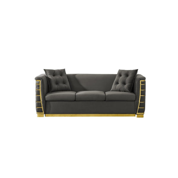 English Elm 82.3 Inch Italian Velvet Three Seat Sofa with Gold Metal Legs and Two Throw Pillows Single Sofa Gray W1191S00186