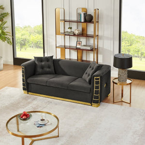 English Elm 82.3 Inch Italian Velvet Three Seat Sofa with Gold Metal Legs and Two Throw Pillows Single Sofa Gray W1191S00186