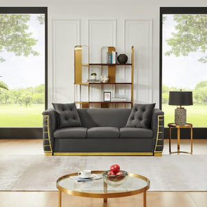 English Elm 82.3 Inch Italian Velvet Three Seat Sofa with Gold Metal Legs and Two Throw Pillows Single Sofa Gray W1191S00186