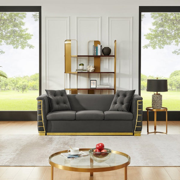 English Elm 82.3 Inch Italian Velvet Three Seat Sofa with Gold Metal Legs and Two Throw Pillows Single Sofa Gray W1191S00186