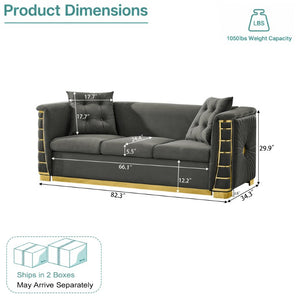 English Elm 82.3 Inch Italian Velvet Three Seat Sofa with Gold Metal Legs and Two Throw Pillows Single Sofa Gray W1191S00186