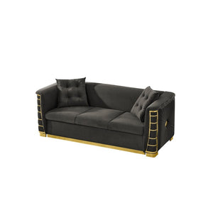 English Elm 82.3 Inch Italian Velvet Three Seat Sofa with Gold Metal Legs and Two Throw Pillows Single Sofa Gray W1191S00186