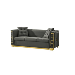 English Elm 82.3 Inch Italian Velvet Three Seat Sofa with Gold Metal Legs and Two Throw Pillows Single Sofa Gray W1191S00186