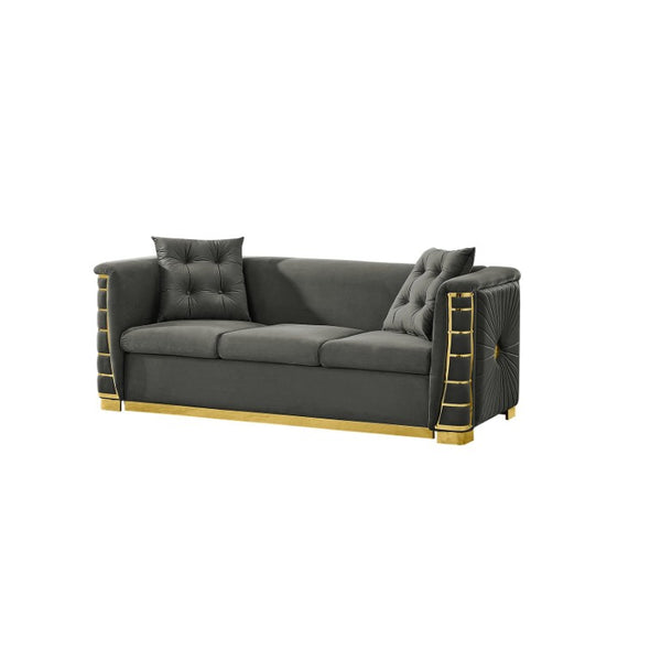 English Elm 82.3 Inch Italian Velvet Three Seat Sofa with Gold Metal Legs and Two Throw Pillows Single Sofa Gray W1191S00186