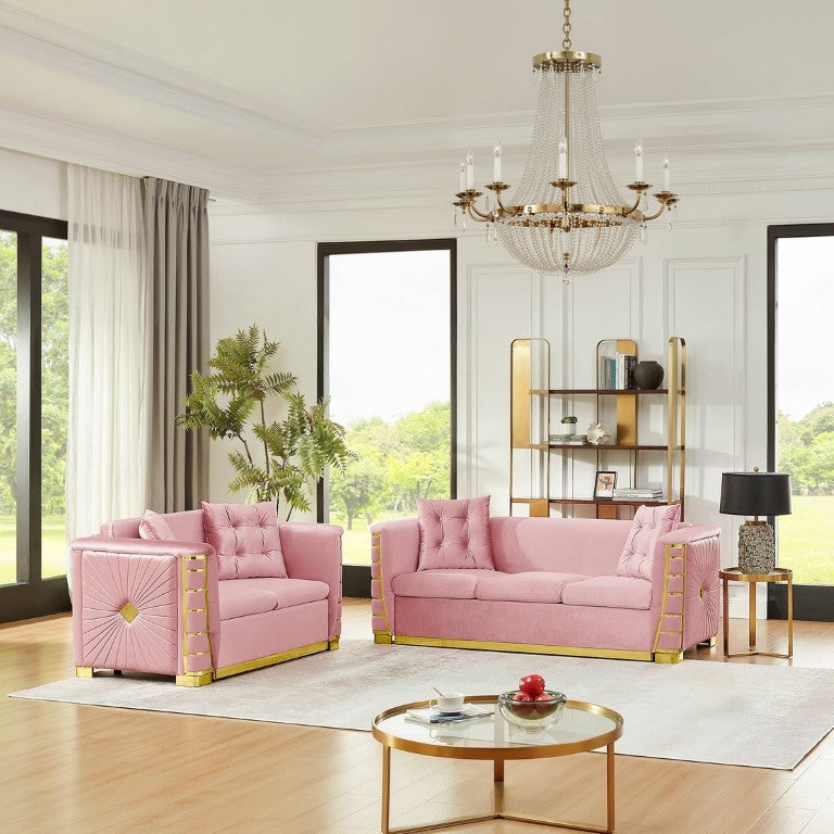 English Elm 82.3 Inch Italian Velvet Three Seat Sofa with Gold Metal Legs and Two Throw Pillows 2PC Set Pink W1191S00187