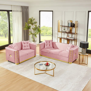English Elm 82.3 Inch Italian Velvet Three Seat Sofa with Gold Metal Legs and Two Throw Pillows 2PC Set Pink W1191S00187