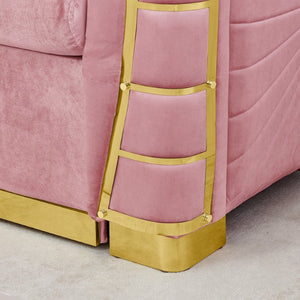 English Elm 82.3 Inch Italian Velvet Three Seat Sofa with Gold Metal Legs and Two Throw Pillows 2PC Set Pink W1191S00187