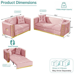 English Elm 82.3 Inch Italian Velvet Three Seat Sofa with Gold Metal Legs and Two Throw Pillows 2PC Set Pink W1191S00187