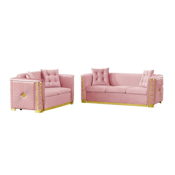 English Elm 82.3 Inch Italian Velvet Three Seat Sofa with Gold Metal Legs and Two Throw Pillows 2PC Set Pink W1191S00187