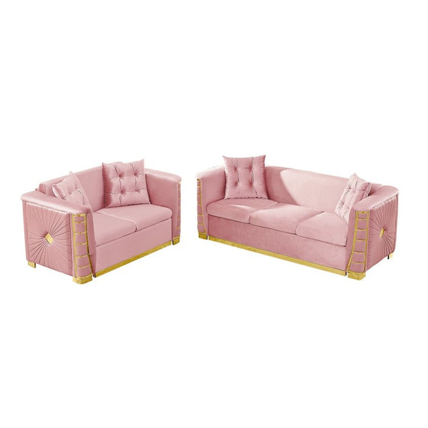 English Elm 82.3 Inch Italian Velvet Three Seat Sofa with Gold Metal Legs and Two Throw Pillows 2PC Set Pink W1191S00187