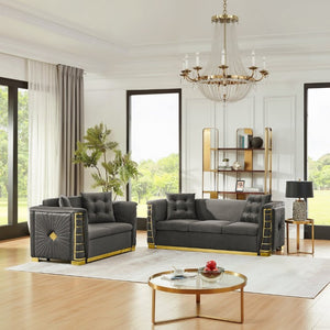 English Elm 82.3 Inch Italian Velvet Three Seat Sofa with Gold Metal Legs and Two Throw Pillows 2PC Set Gray W1191S00188