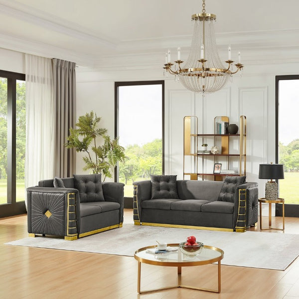 English Elm 82.3 Inch Italian Velvet Three Seat Sofa with Gold Metal Legs and Two Throw Pillows 2PC Set Gray W1191S00188