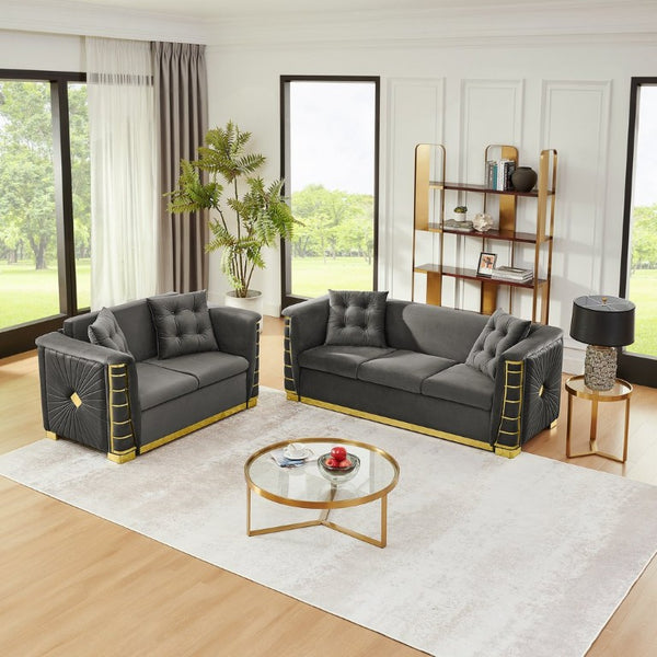 English Elm 82.3 Inch Italian Velvet Three Seat Sofa with Gold Metal Legs and Two Throw Pillows 2PC Set Gray W1191S00188