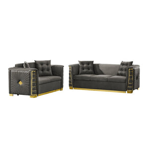 English Elm 82.3 Inch Italian Velvet Three Seat Sofa with Gold Metal Legs and Two Throw Pillows 2PC Set Gray W1191S00188