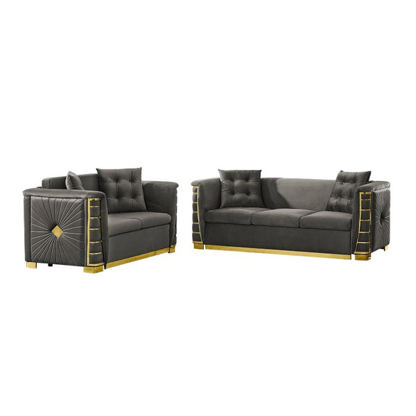 English Elm 82.3 Inch Italian Velvet Three Seat Sofa with Gold Metal Legs and Two Throw Pillows 2PC Set Gray W1191S00188