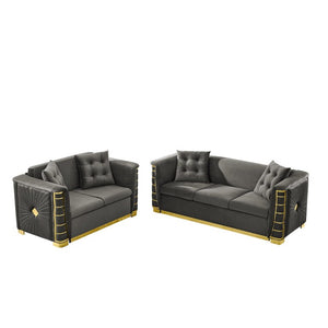 English Elm 82.3 Inch Italian Velvet Three Seat Sofa with Gold Metal Legs and Two Throw Pillows 2PC Set Gray W1191S00188