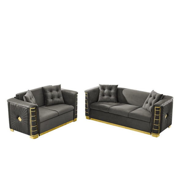 English Elm 82.3 Inch Italian Velvet Three Seat Sofa with Gold Metal Legs and Two Throw Pillows 2PC Set Gray W1191S00188