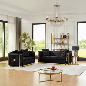 English Elm 82.3 Inch Italian Velvet Three Seat Sofa with Gold Metal Legs and Two Throw Pillows 2PC Set Black W1191S00189