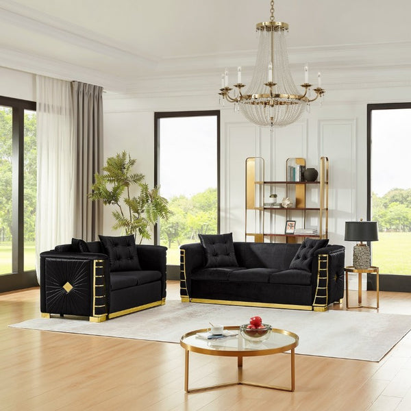 English Elm 82.3 Inch Italian Velvet Three Seat Sofa with Gold Metal Legs and Two Throw Pillows 2PC Set Black W1191S00189