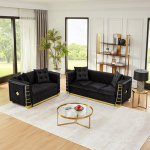 English Elm 82.3 Inch Italian Velvet Three Seat Sofa with Gold Metal Legs and Two Throw Pillows 2PC Set Black W1191S00189