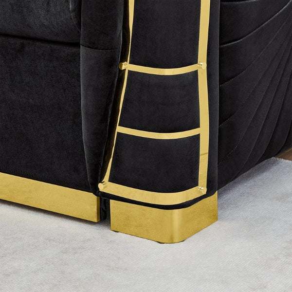 English Elm 82.3 Inch Italian Velvet Three Seat Sofa with Gold Metal Legs and Two Throw Pillows 2PC Set Black W1191S00189