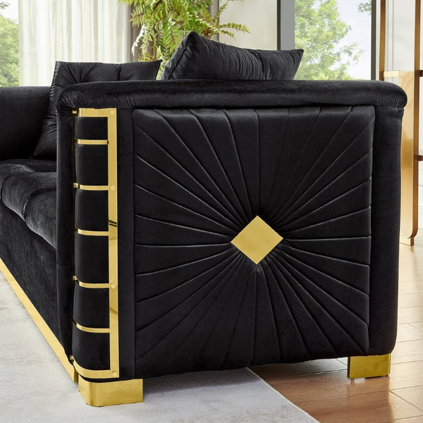 English Elm 82.3 Inch Italian Velvet Three Seat Sofa with Gold Metal Legs and Two Throw Pillows 2PC Set Black W1191S00189
