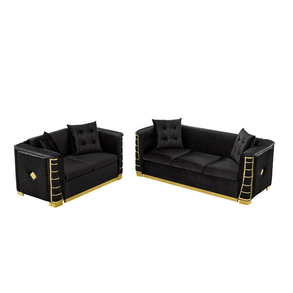English Elm 82.3 Inch Italian Velvet Three Seat Sofa with Gold Metal Legs and Two Throw Pillows 2PC Set Black W1191S00189