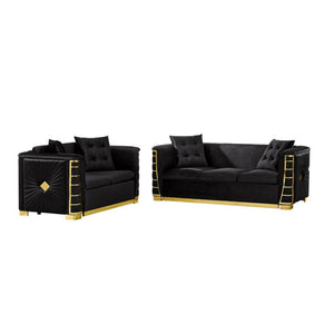 English Elm 82.3 Inch Italian Velvet Three Seat Sofa with Gold Metal Legs and Two Throw Pillows 2PC Set Black W1191S00189
