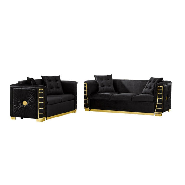 English Elm 82.3 Inch Italian Velvet Three Seat Sofa with Gold Metal Legs and Two Throw Pillows 2PC Set Black W1191S00189