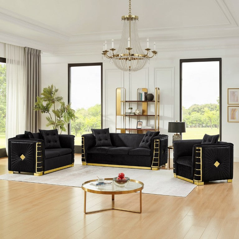 English Elm 2Pc Italian Velvet Sofa Set with Gold Metal Legs Plush Cushions for Modern Living Rooms Black 3PC W1191S00193