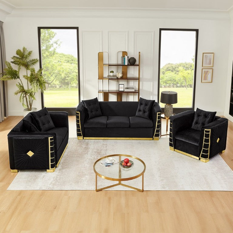 English Elm 2Pc Italian Velvet Sofa Set with Gold Metal Legs Plush Cushions for Modern Living Rooms Black 3PC W1191S00193
