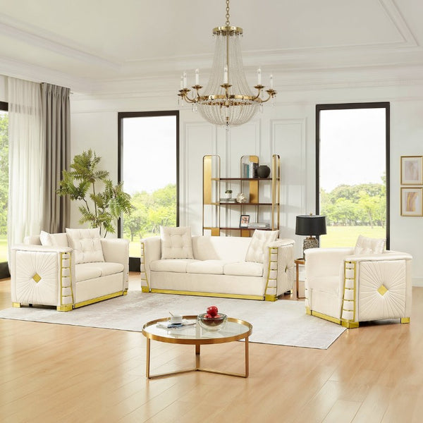 English Elm 3Pc Italian Velvet Living Room Sofa Set with Gold Metal Accents and Plush Cushions Beige W1191S00194