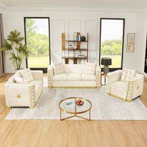English Elm 3Pc Italian Velvet Living Room Sofa Set with Gold Metal Accents and Plush Cushions Beige W1191S00194